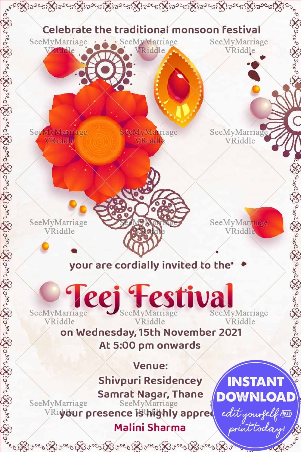 Mandala Teej Festival Invitation with Traditional Rangoli and Diya Design