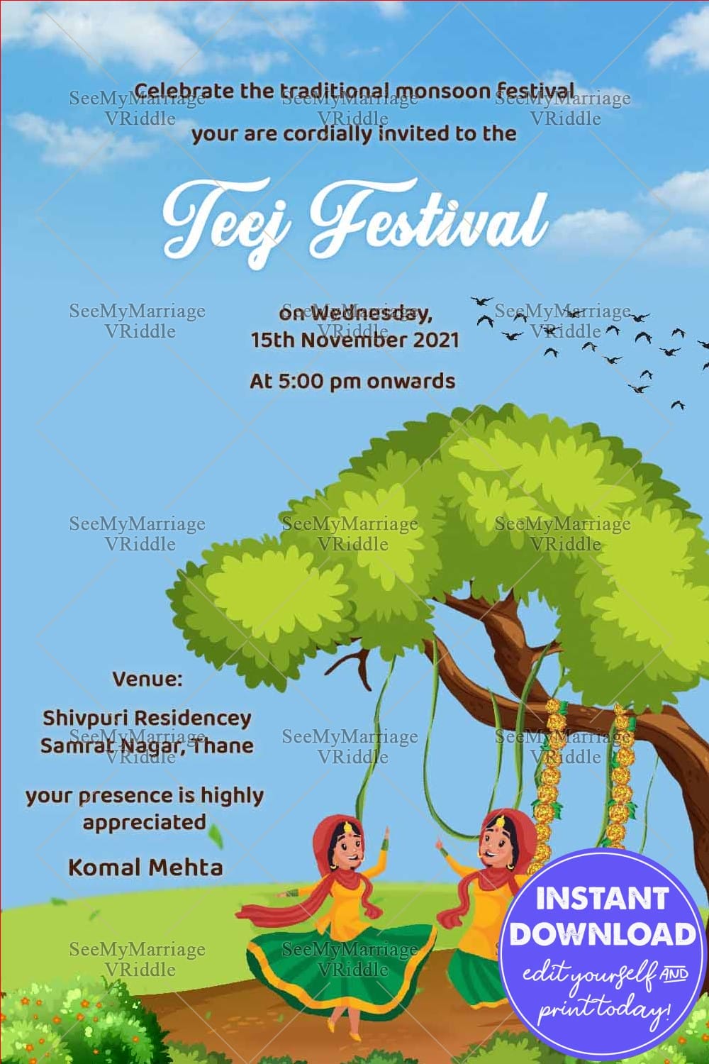 Dancing Women Teej Festival Invitation with Tree and Floral Decor