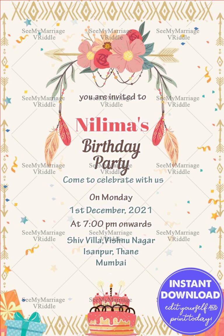 Boho Florals Girl’s Birthday Party Invitation with Feathers and Cake Design