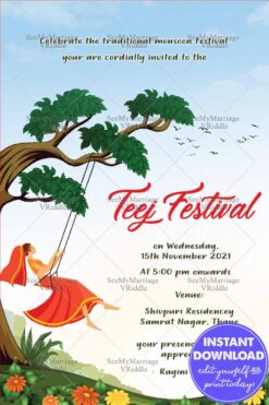 Woman on Tree Swing Teej Festival Invitation with Nature Background