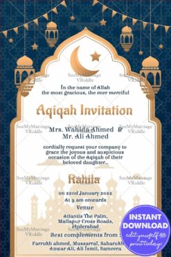 Crescent Arch Elegant Aqiqah Invitation with Lanterns and Mosque Silhouette