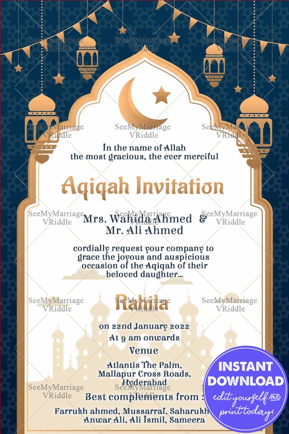 Crescent Arch Elegant Aqiqah Invitation with Lanterns and Mosque Silhouette