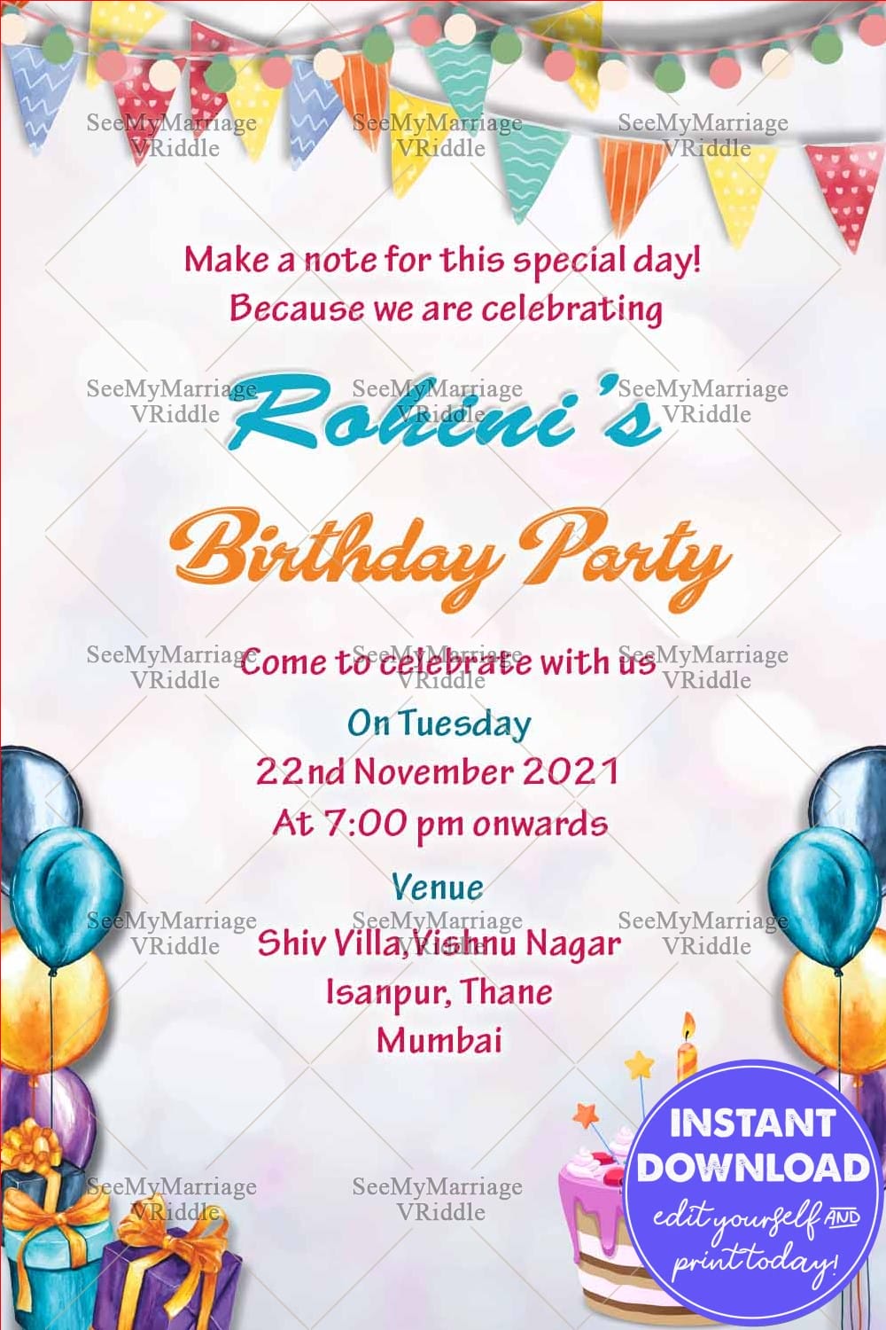 Colorful Balloon Birthday Party Invitation for Girls with Cake Design and Gifts