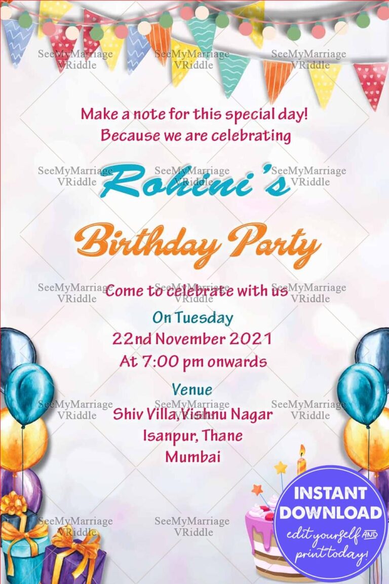 Colorful Balloon Birthday Party Invitation for Girls with Cake Design and Gifts