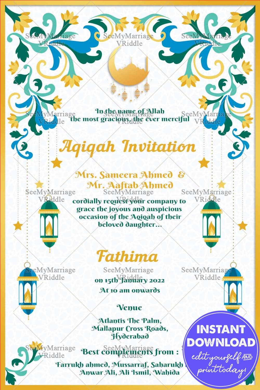 Golden Crescent Aqiqah Invitation Card with Lanterns and Floral Border
