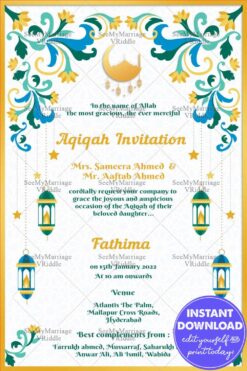 Golden Crescent Aqiqah Invitation Card with Lanterns and Floral Border