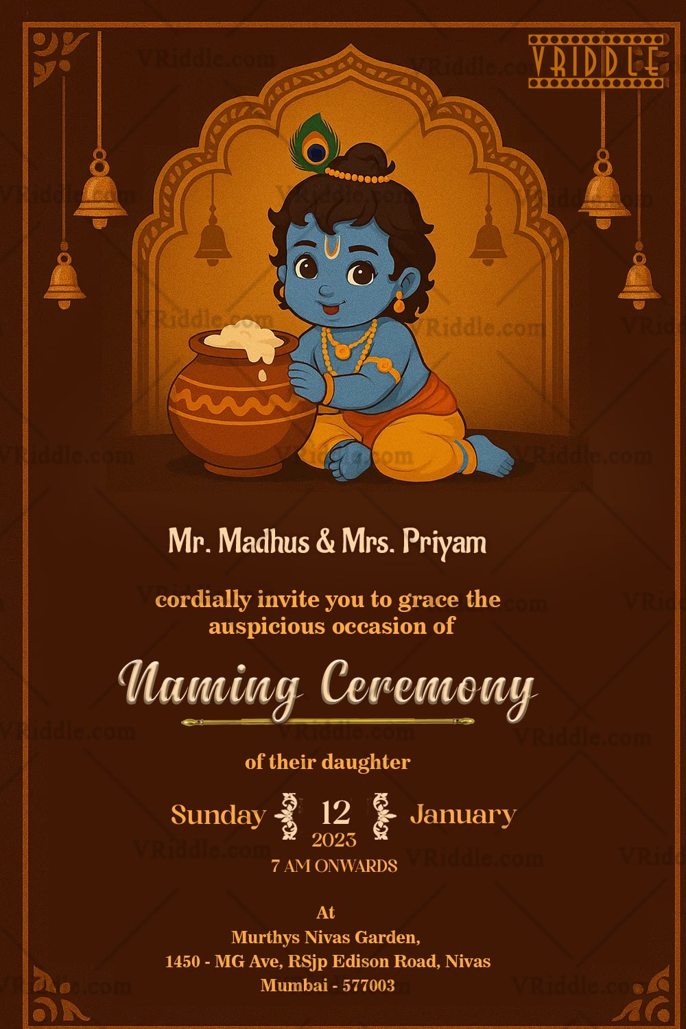 A Divine Beginning Baby Krishna Themed Naming Ceremony Invitation in Brown Elegance