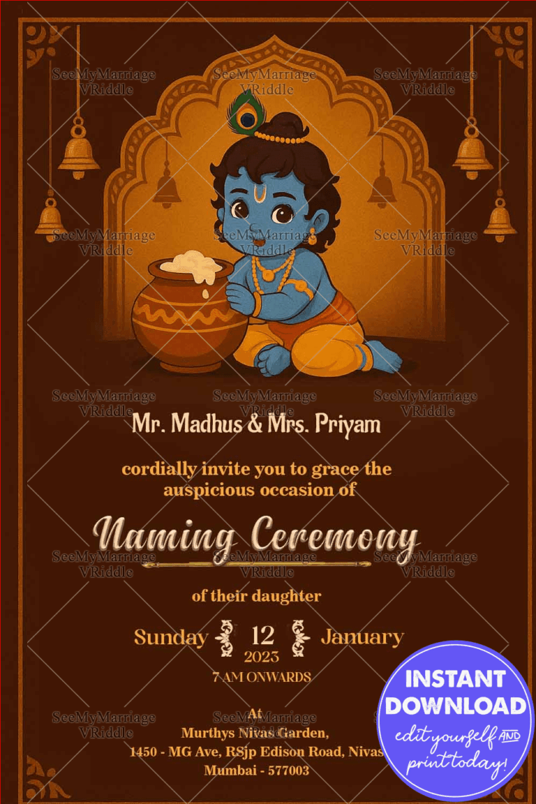 A Divine Beginning Baby Krishna Themed Naming Ceremony Invitation in Brown Elegance
