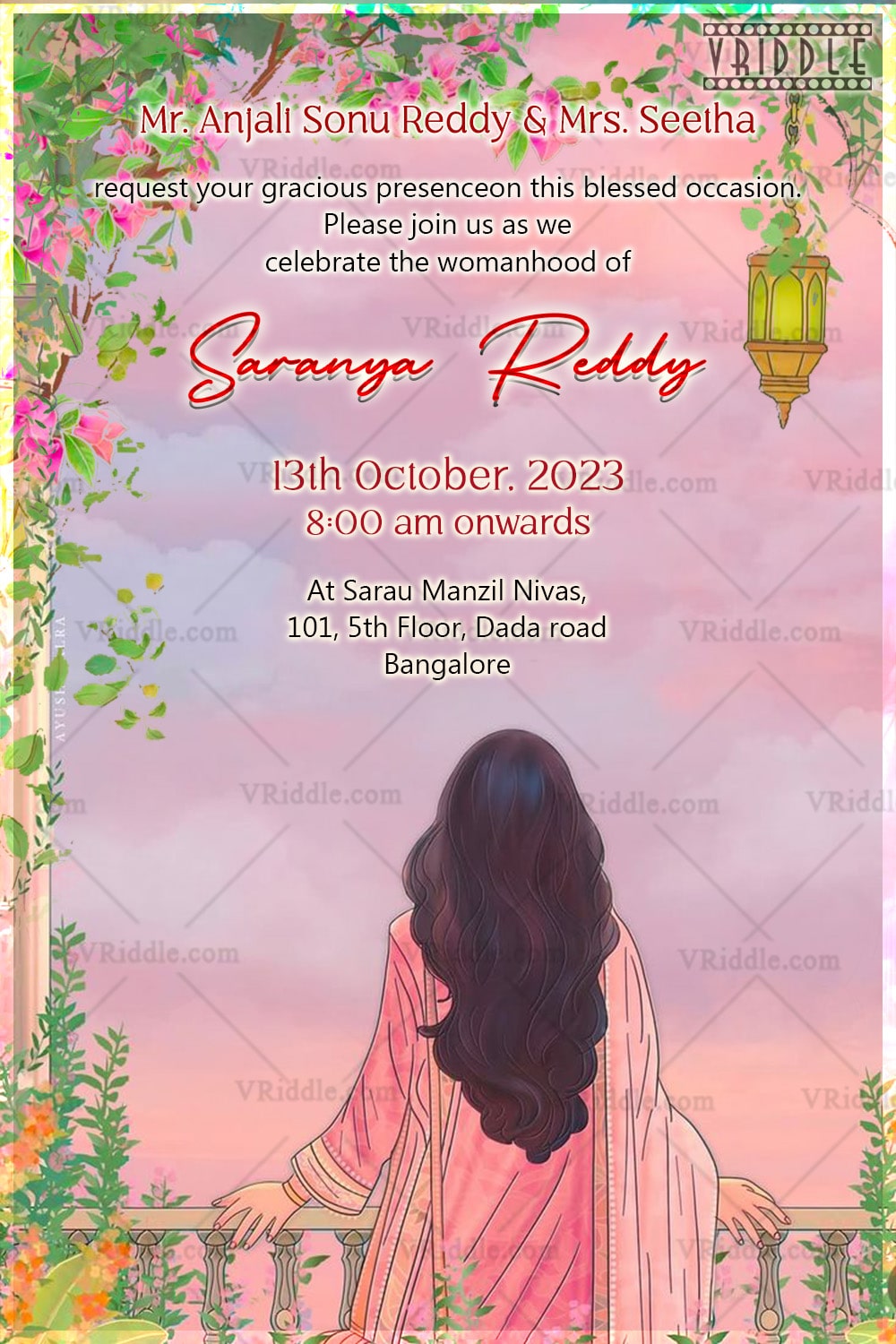 A Modern Half Saree Ceremony Invitation with Floral Balcony Elegance with Girl Illustration