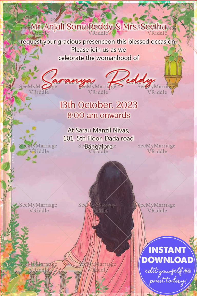 A Modern Half Saree Ceremony Invitation with Floral Balcony Elegance with Girl Illustration