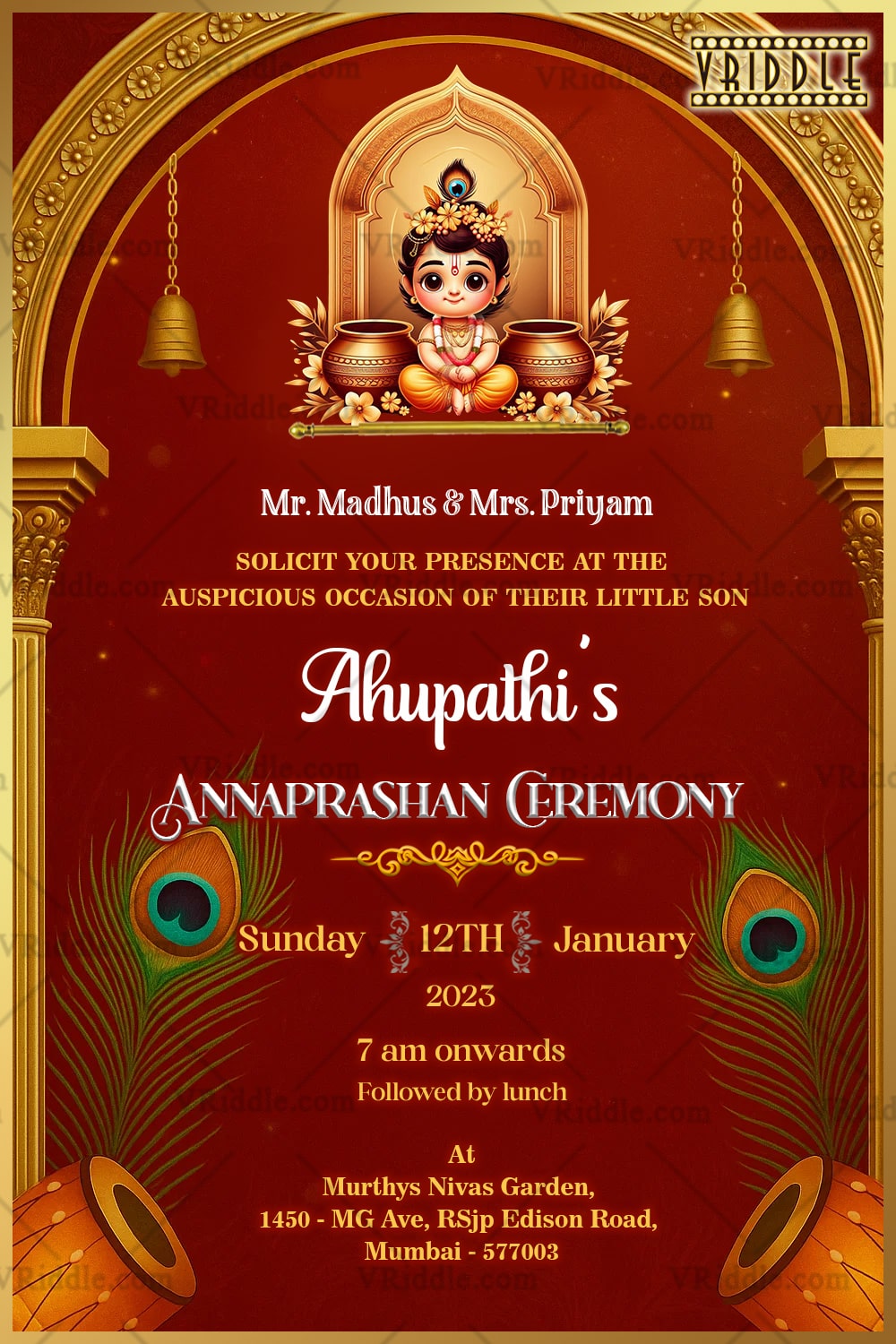 A Sacred Beginning Traditional Annaprashan Invitation Card with Krishna Theme in Regal Red Elegance