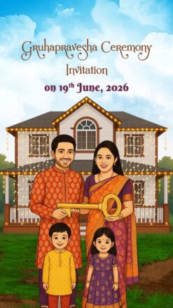 Animated Family Gruhapravesha Ceremony Invitation Video with Couple Holding Key and New Home Design