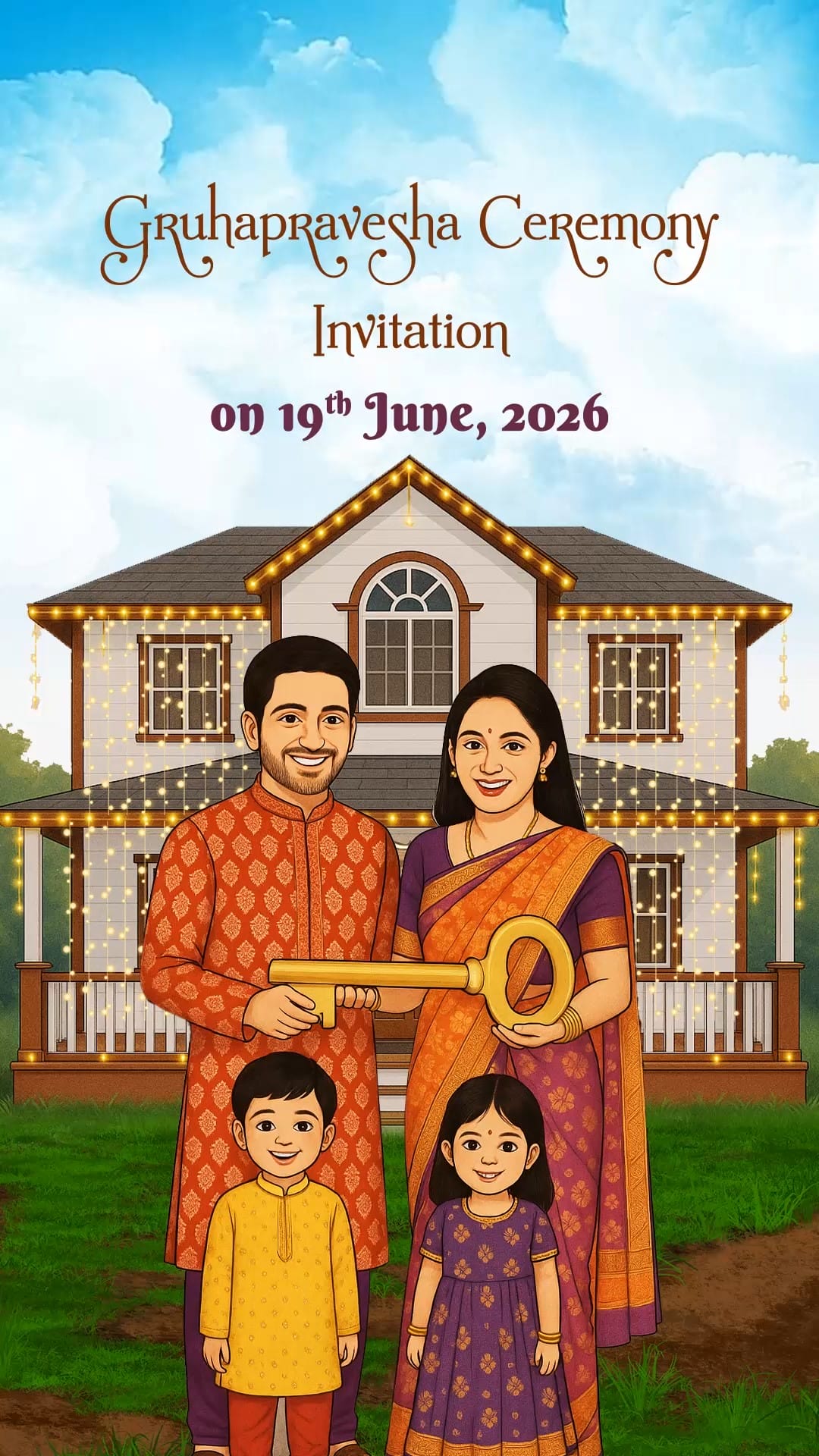 Animated Family Gruhapravesha Ceremony Invitation Video with Couple Holding Key and New Home Design