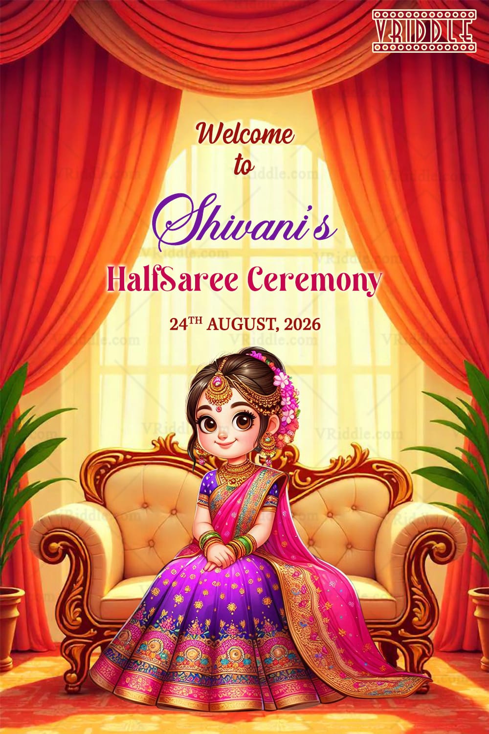 Animated Girl Welcome Sign Boards for Half Saree Ceremony with Ornate Decor, Sofa and Drapes