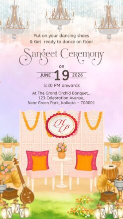Artistic Sangeet Invitation video with Featuring Indian Instruments and Dancing Theme Elements, Vintage, Floral Decor