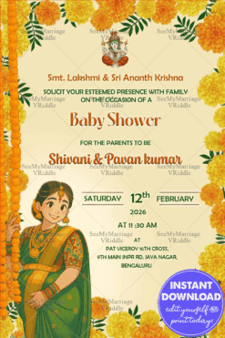 Baby Shower Invitation with Marigold Flower Frame and Ghibli-Style Woman Illustration in Cream Background