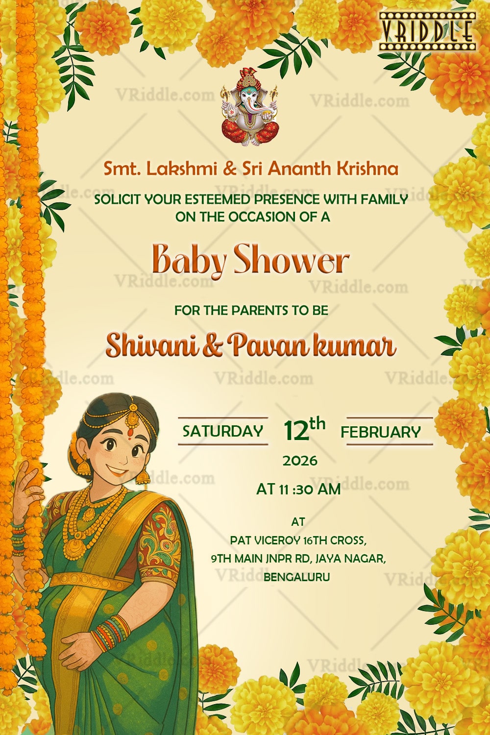 Baby Shower Invitation with Marigold Flower Frame and Ghibli-Style Woman Illustration in Cream Background