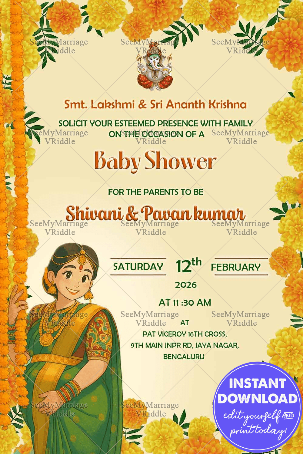 Baby Shower Invitation with Marigold Flower Frame and Ghibli-Style Woman Illustration in Cream Background
