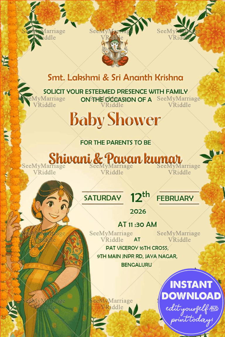 Baby Shower Invitation with Marigold Flower Frame and Ghibli-Style Woman Illustration in Cream Background