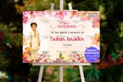 Dhoti Ceremony Welcome Sign Board with Cute Boy Illustration in Simple Yellow And Peach Floral Theme