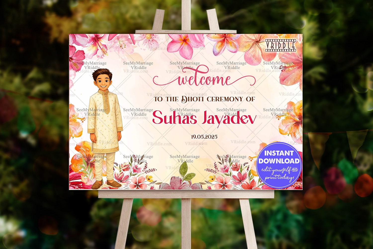 Elegant Dhoti Ceremony Welcome Sign Board with Boy Sitting on Sofa Illustration and Rose Floral Theme