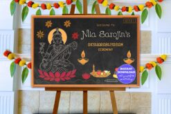Traditional Blackboard-Style Vidyarambham Welcome Board with Goddess Saraswathi and Chalk Art Illustrations