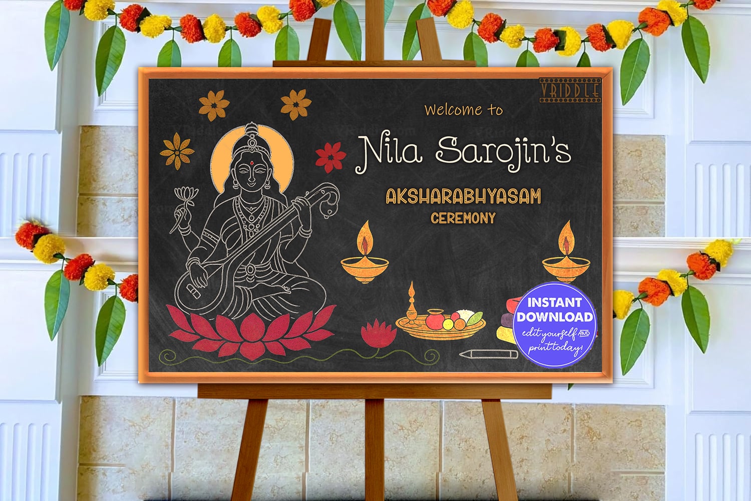 Traditional Blackboard-Style Vidyarambham Welcome Board with Goddess Saraswathi and Chalk Art Illustrations