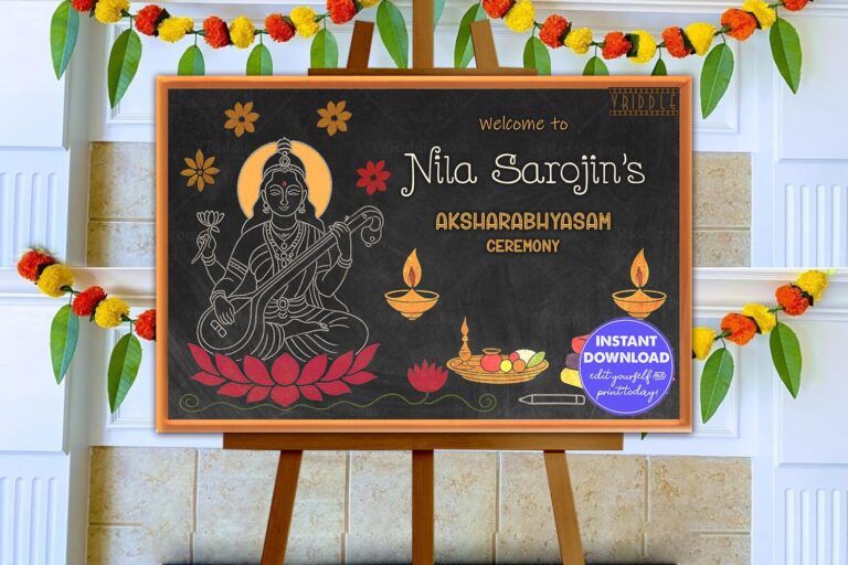 Traditional Blackboard-Style Vidyarambham Welcome Board with Goddess Saraswathi and Chalk Art Illustrations