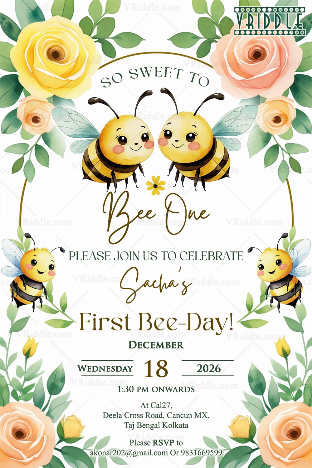 Bee Theme First Birthday Invitation with Leafy Greenery and Blush Blooms