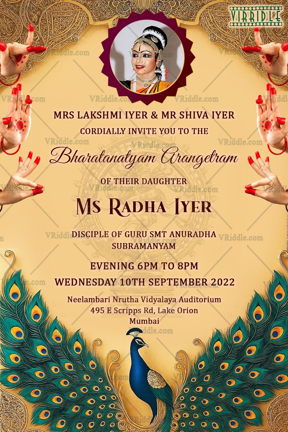 Bharatanatyam Arangetram Invitation Featuring Graceful Mudras and Royal Peacock Illustration on a Cream Bg with Add Image Option