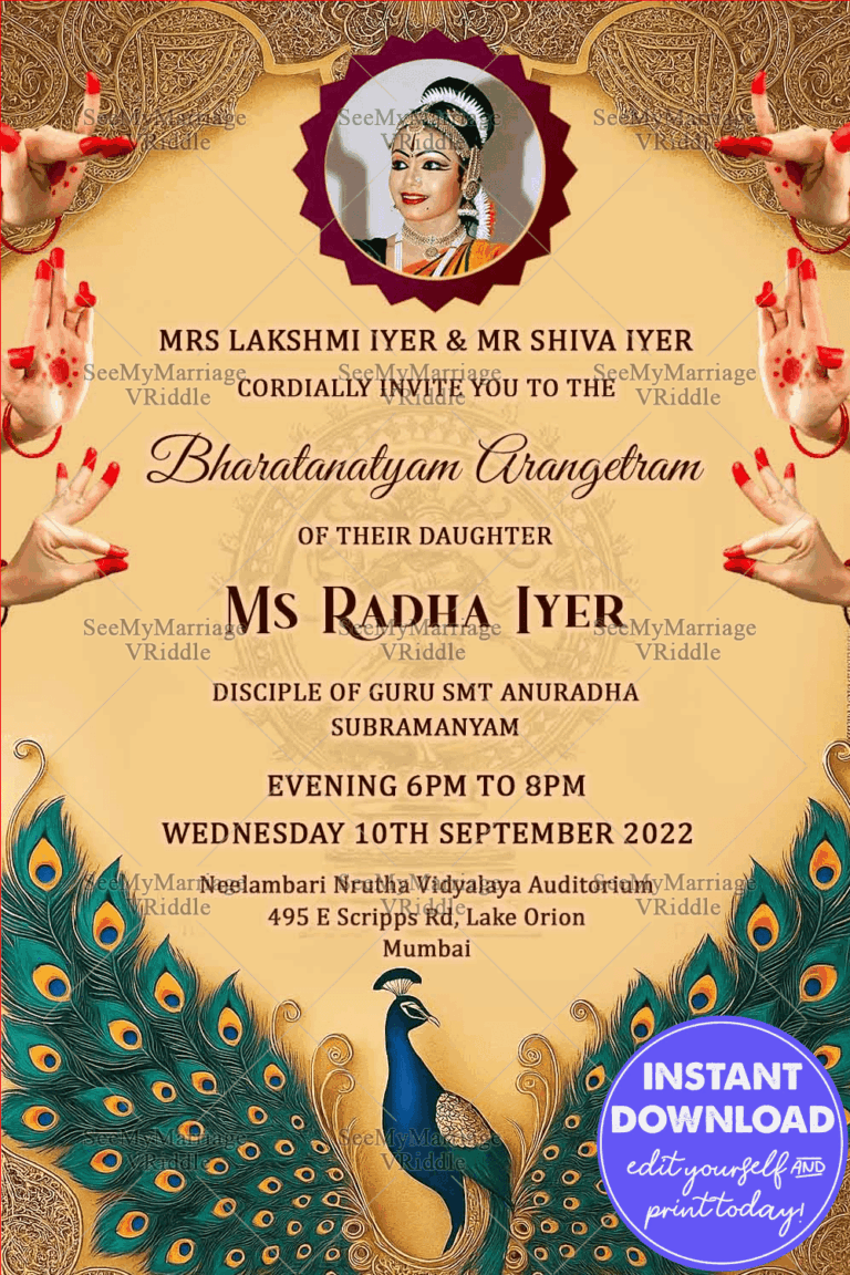 Bharatanatyam Arangetram Invitation Featuring Graceful Mudras and Royal Peacock Illustration on a Cream Bg with Add Image Option