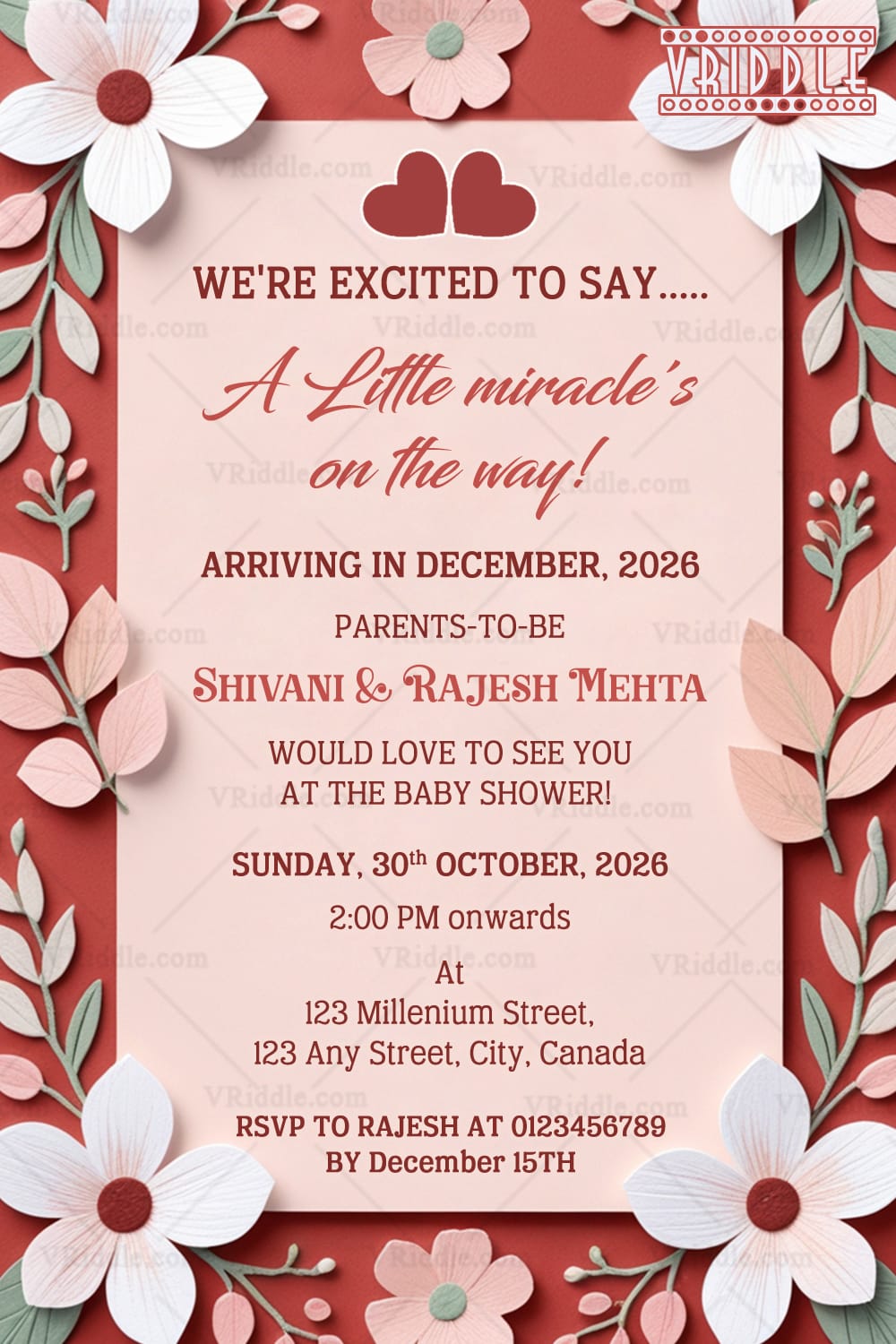 Blush Pink Pregnancy Announcement Card with Leaves and Flower Design