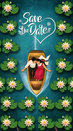 Boat Theme Wedding Countdown Video with Couple Illustration and Lotus Flowers, Lily Pads