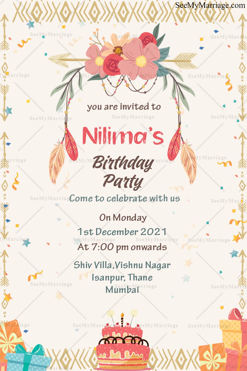 Boho Florals Girl’s Birthday Party Invitation with Feathers and Cake Design