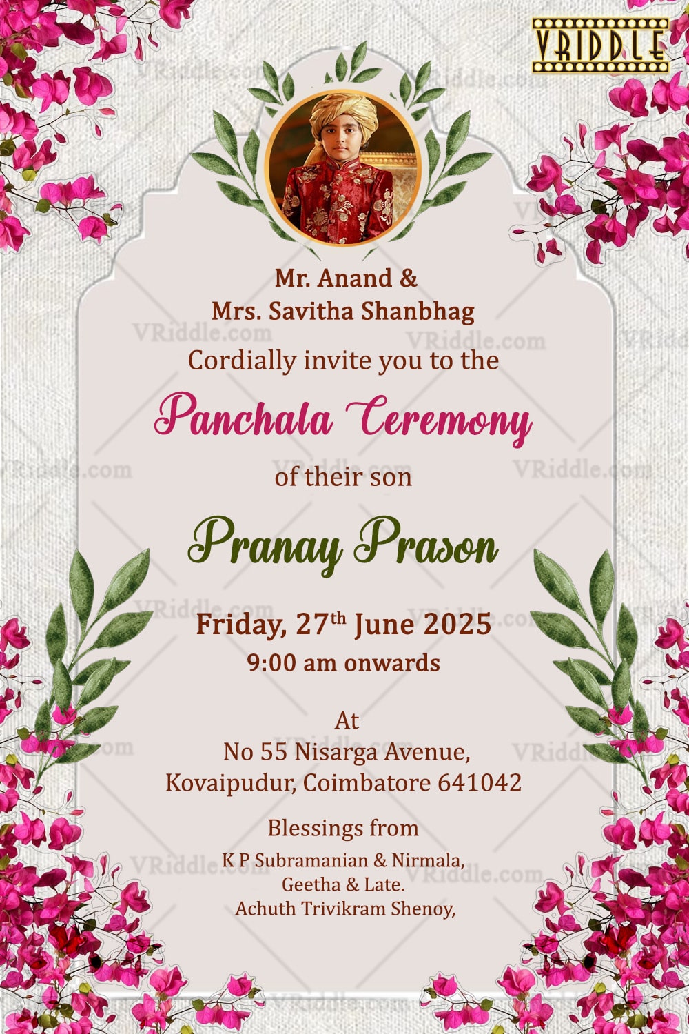 Bougainvillea Floral Theme Dhoti Ceremony Invitation Card with Pink and Add Image Option