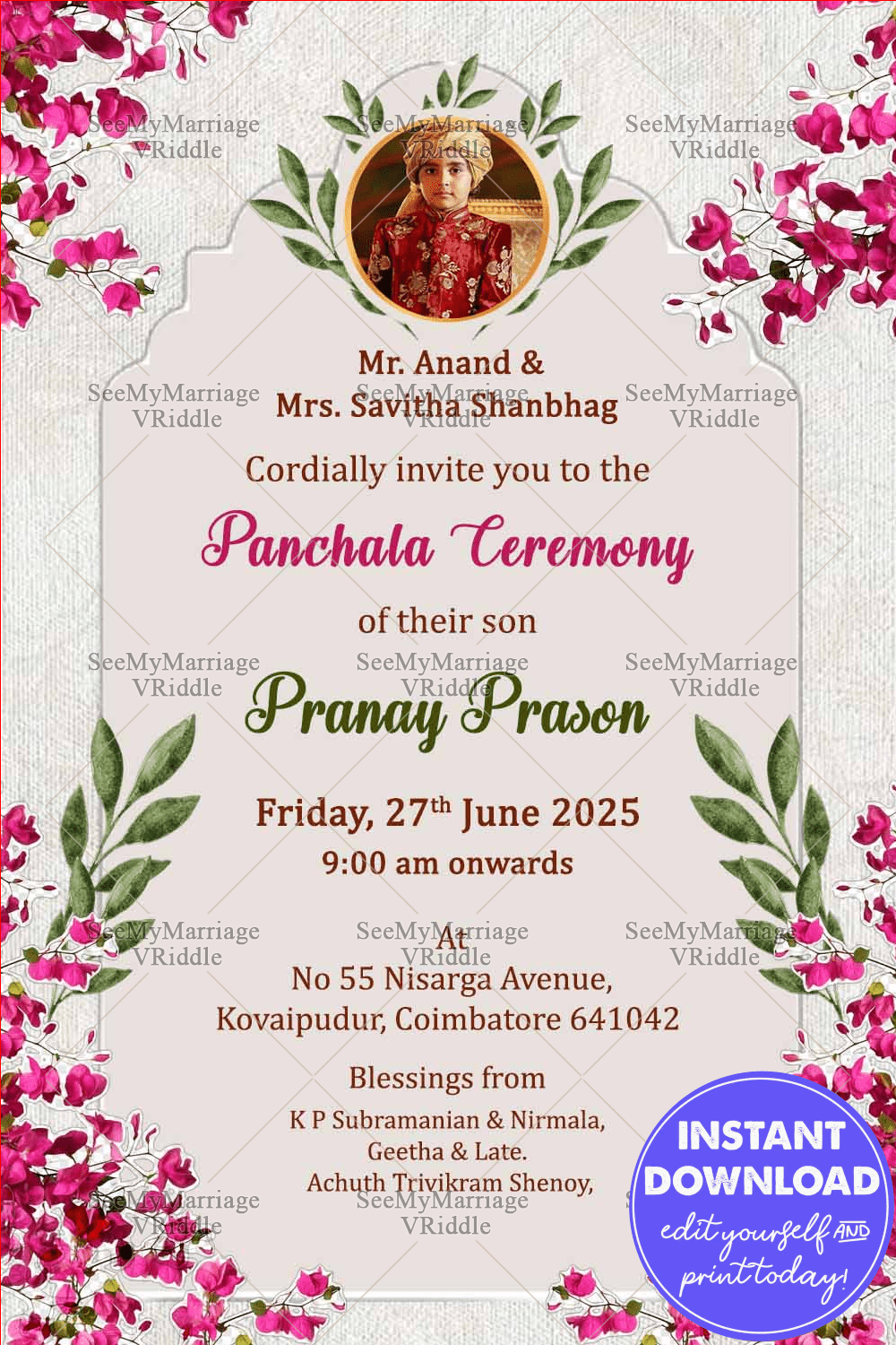 Bougainvillea Floral Theme Dhoti Ceremony Invitation Card with Pink and Add Image Option
