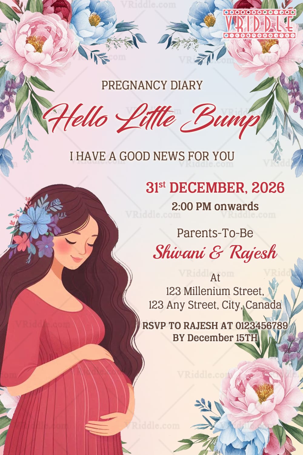 Bump Baby Pregnancy Announcement with Mom Illustration, Pink and Blue Flower
