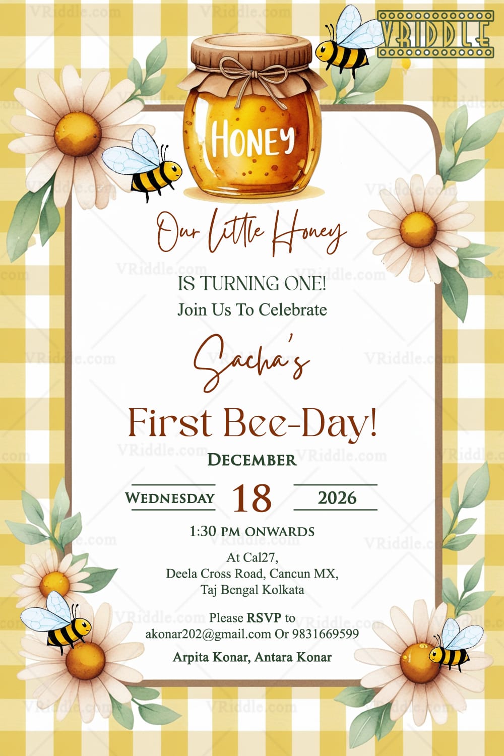 Buzzing First Birthday Invitation with Honeybee and Daisy Motif