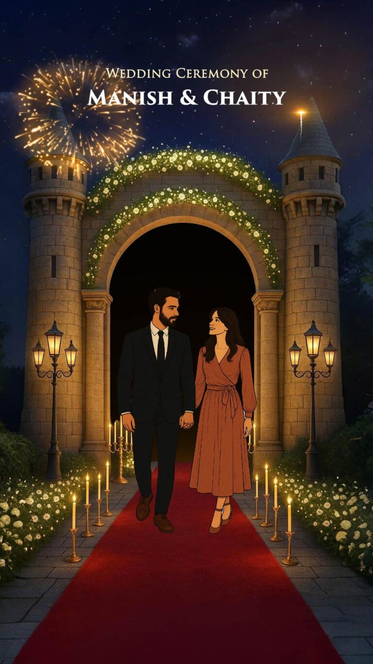 Castle Arch Wedding Countdown Video with Hand-in-Hand Couple Illustration and Red Carpet, Fireworks