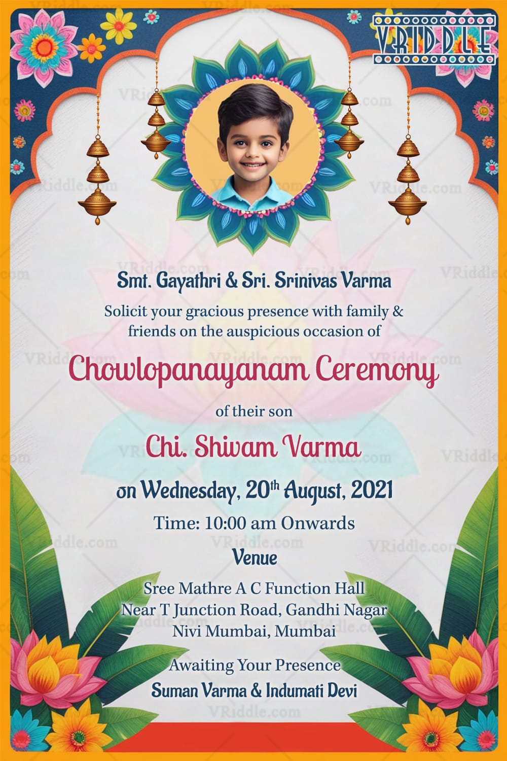 Chowlopanayanam Ceremony Card with Add Photo, Floral Theme, Banana Leaves and Flowers
