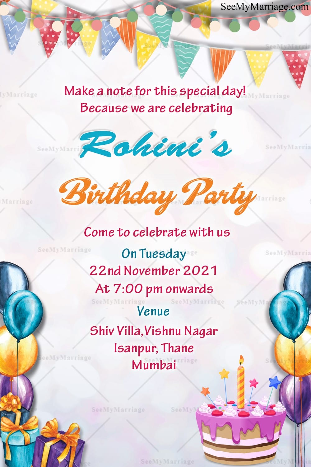 Colorful Balloon Birthday Party Invitation for Girls with Cake Design and Gifts