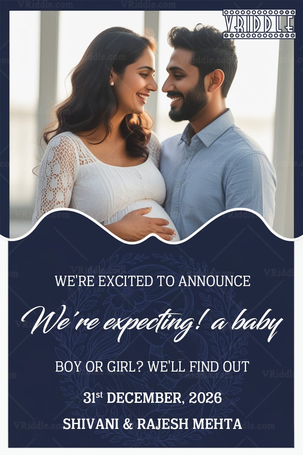 Couple Portrait Pregnancy Announcement with Navy Blue Theme and Baby Arrival Details