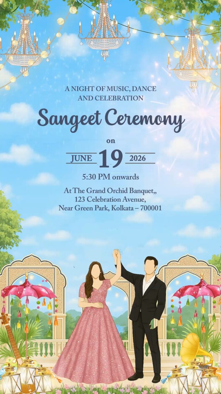 Couple Themed Sangeet Ceremony Video with Romantic Illustration, Traditional Motifs, Lights, Music and Love
