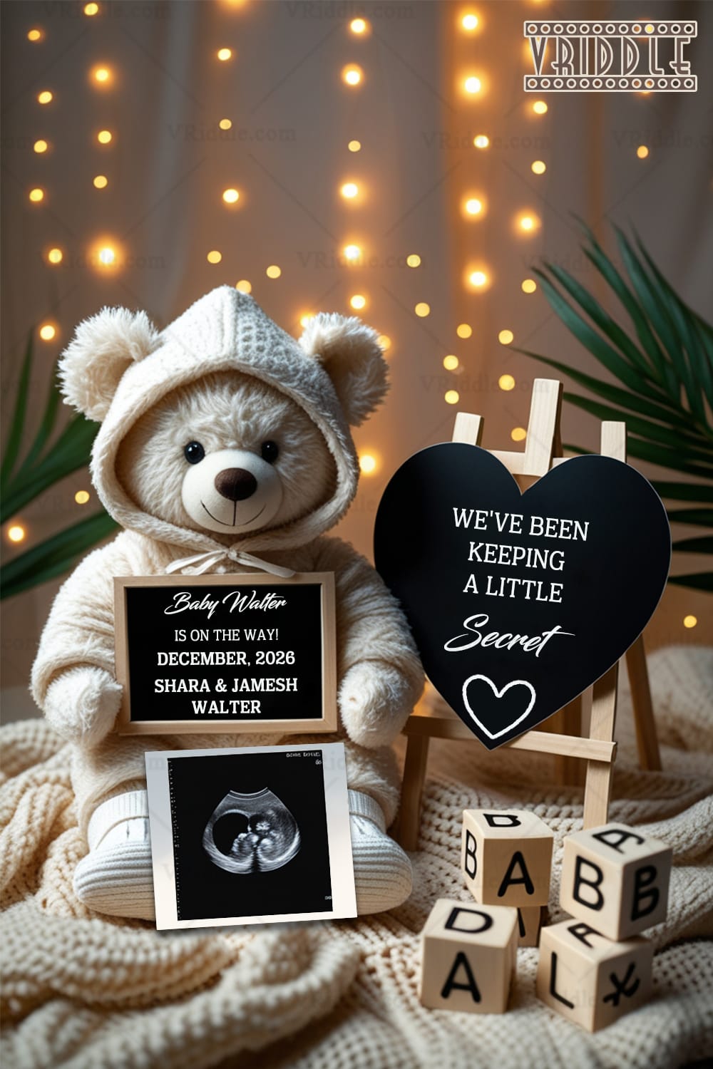 Cozy Secret Pregnancy Announcement with Cuddly Teddy and Lighted Background Ultrasound Photo