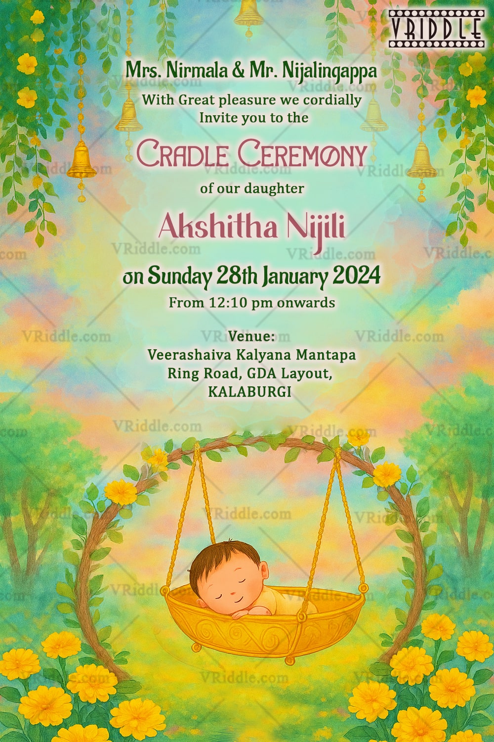 Cradle Ceremony Card with Blossoms and Bliss A Yellow Green Cradle Welcomes Our Little Sunshine