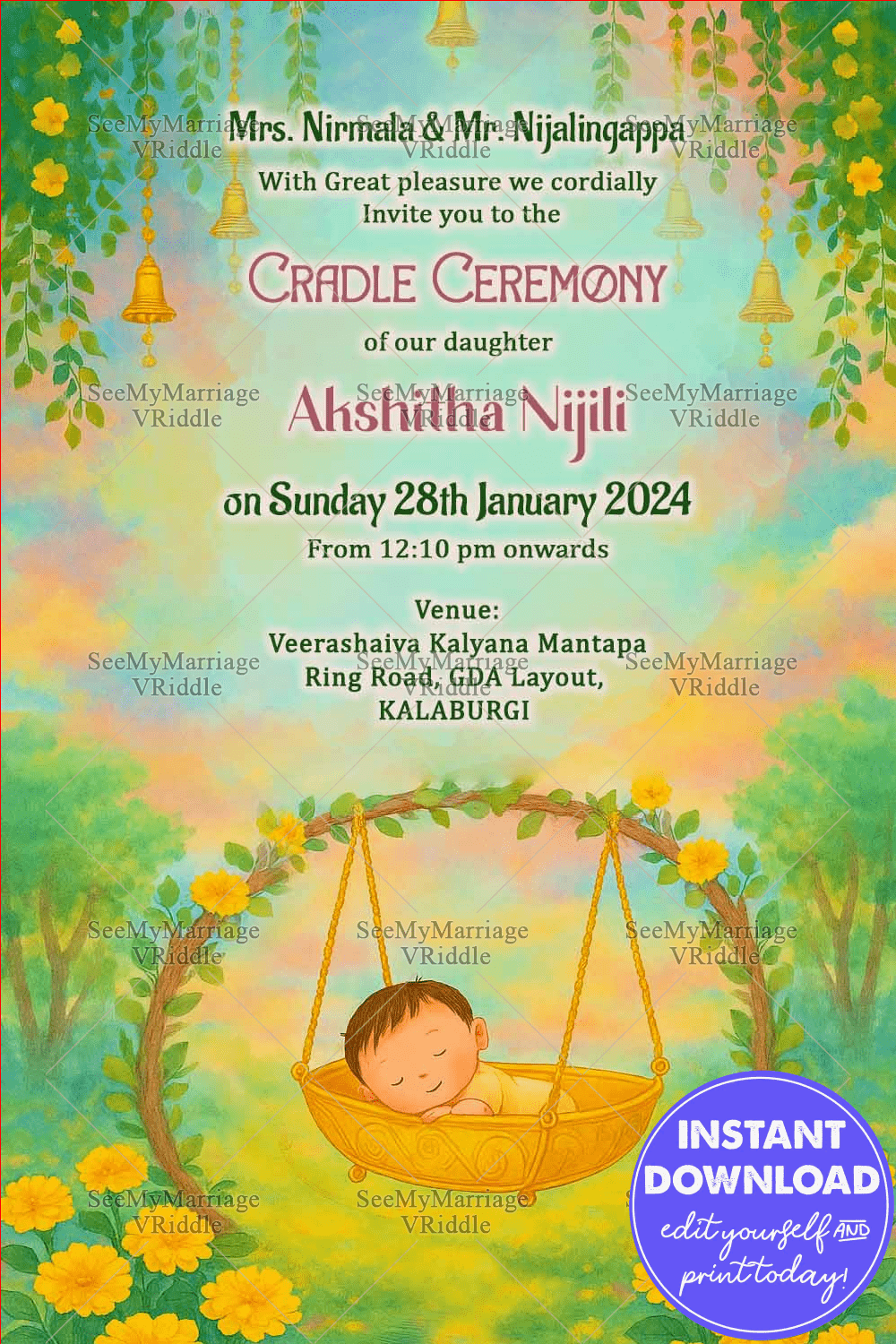 Cradle Ceremony Card with Blossoms and Bliss A Yellow Green Cradle Welcomes Our Little Sunshine