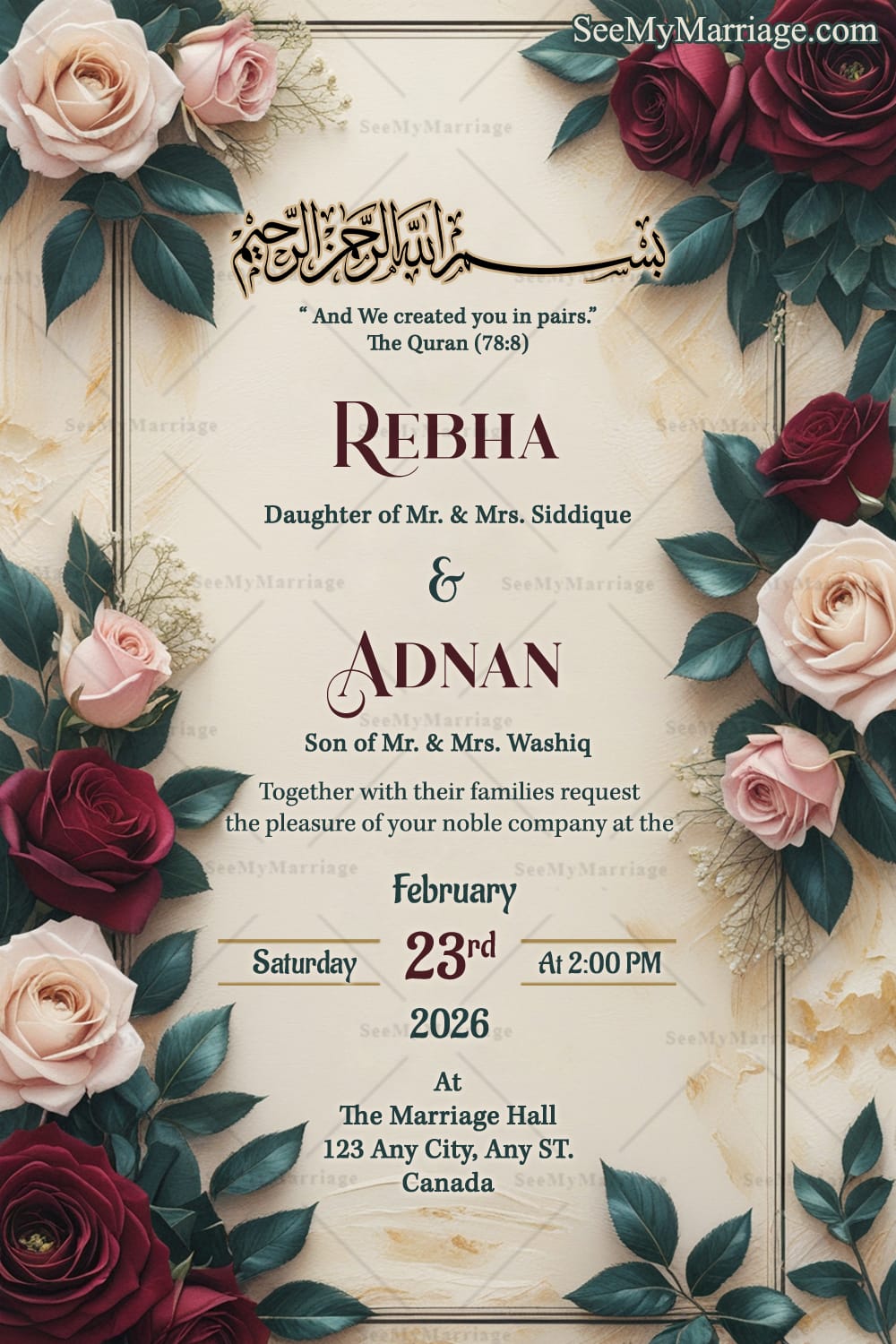 Cream and Rose Themed Nikah Invitation Card with Arabic Calligraphy and Floral Border