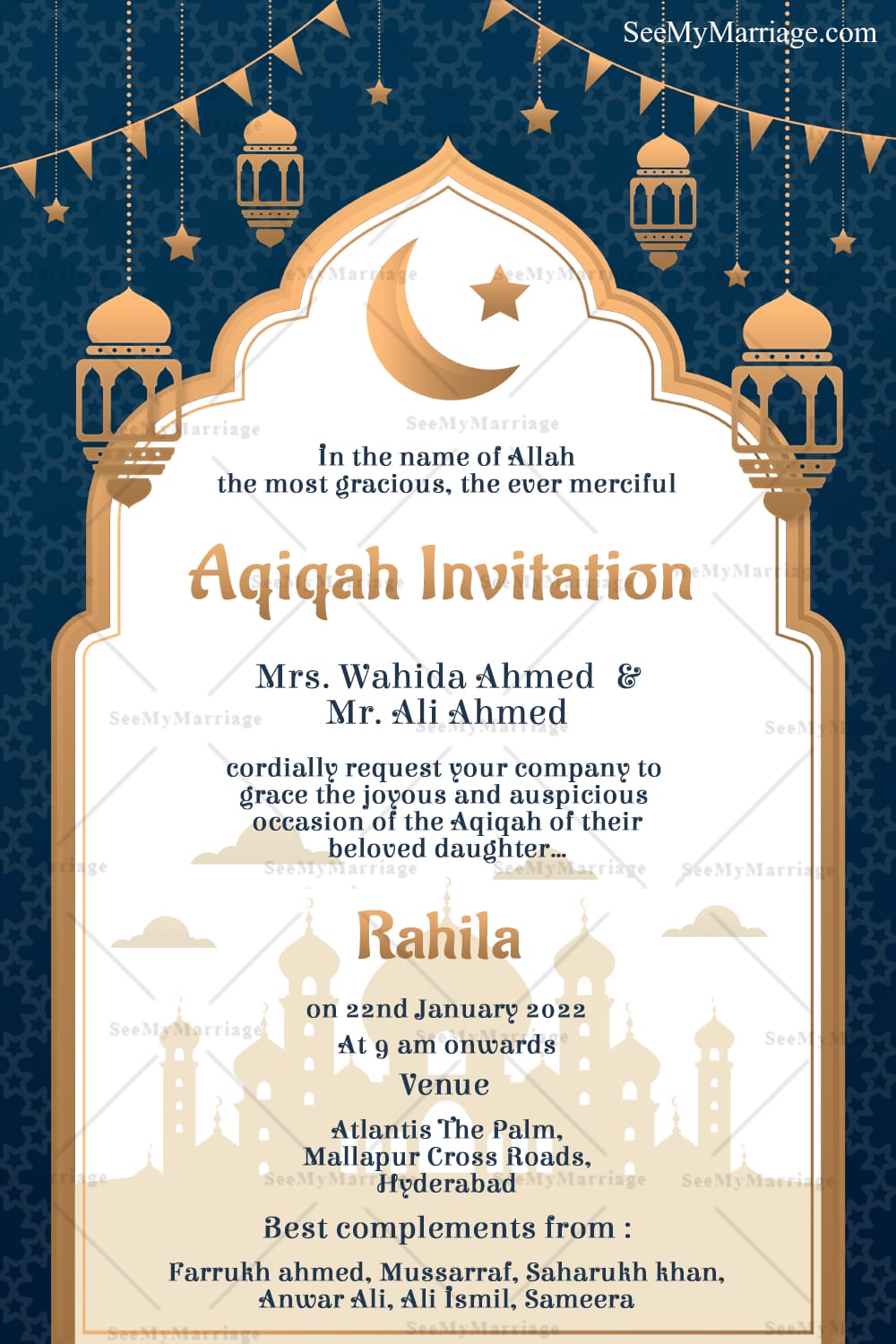 Crescent Arch Elegant Aqiqah Invitation with Lanterns and Mosque Silhouette