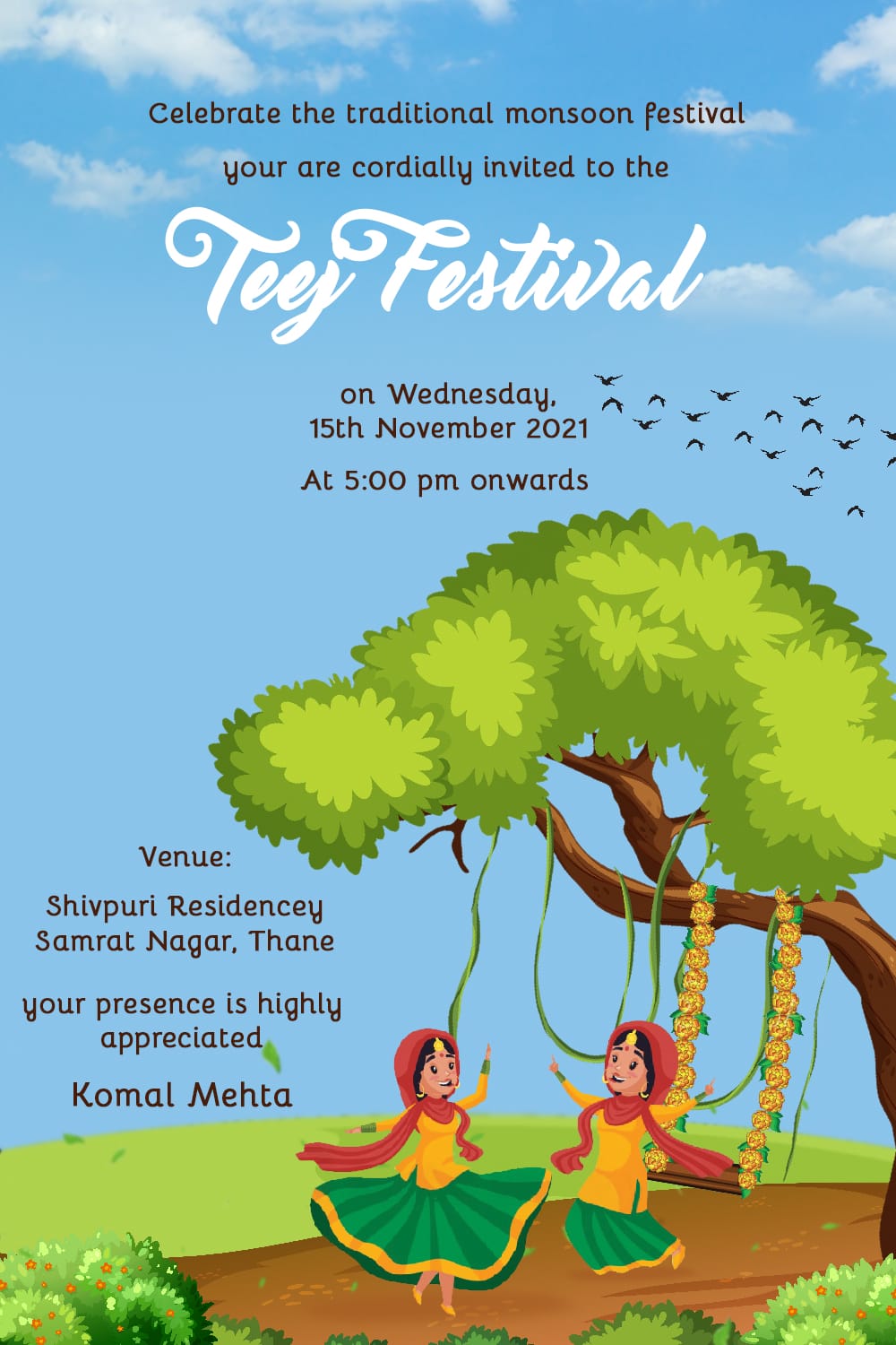 Dancing Women Teej Festival Invitation with Tree and Floral Decor