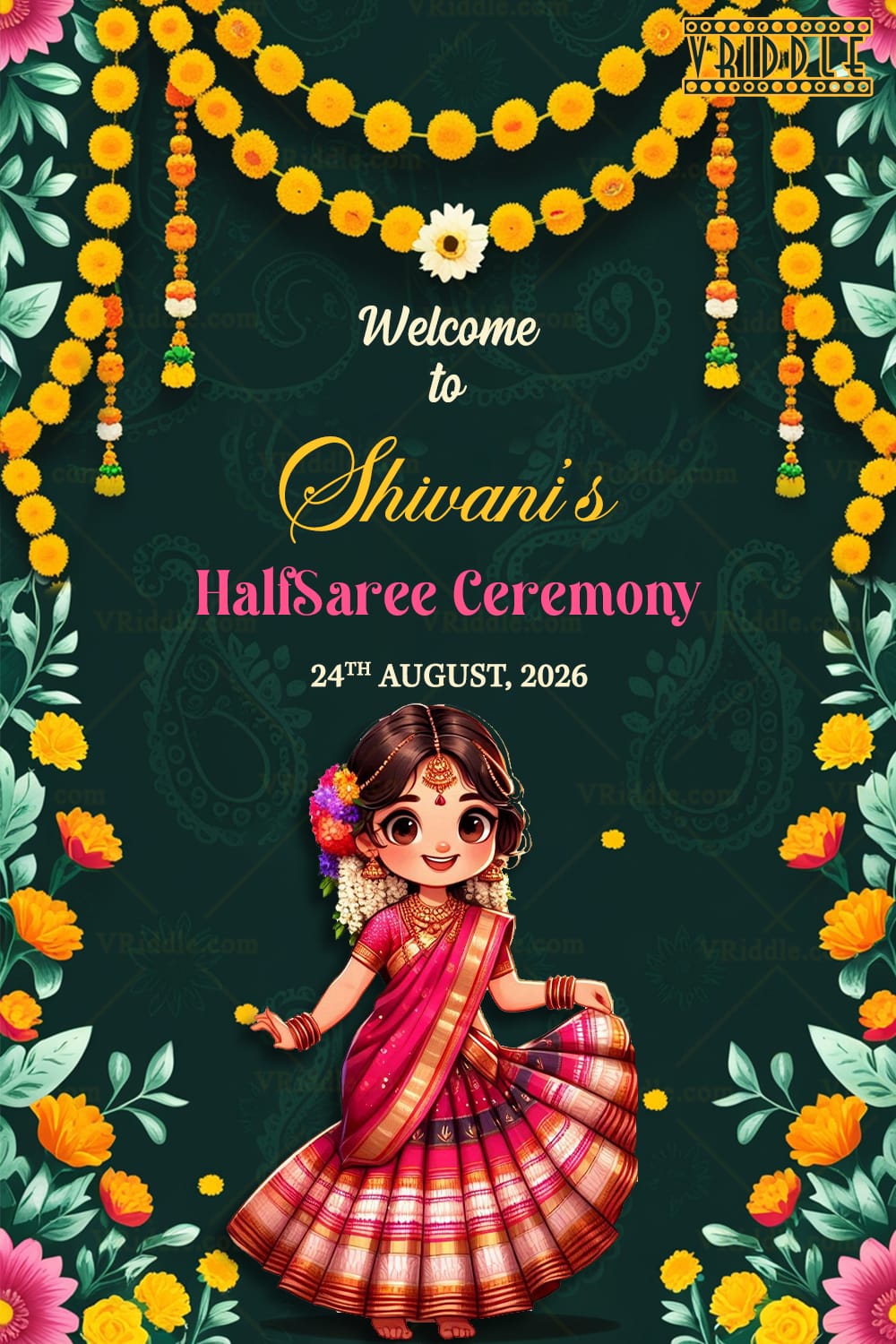 Deep Green Welcome Sign Boards for Half Saree Ceremony with Marigold Garlands
